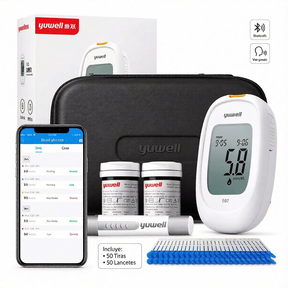 Imagen referencial de Glucómetro 582 Smart con Bluetooth y Voz Guiada + 50 Tiras + 50 Lancetas | Yuwell