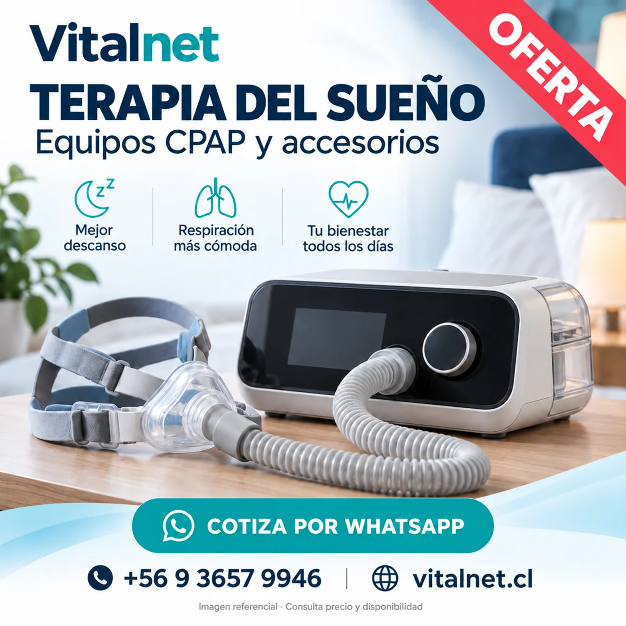 Flyer Vitalnet OFERTA: Equipos CPAP y accesorios. Imagen referencial; consulta precio y disponibilidad.