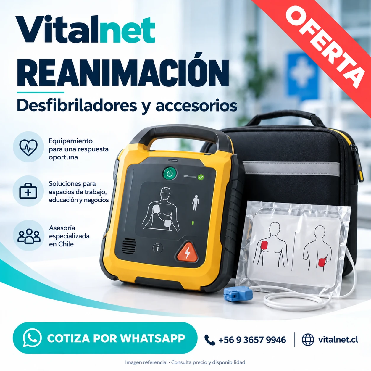 Flyer Vitalnet OFERTA: Desfibriladores y accesorios. Imagen referencial; consulta precio y disponibilidad.